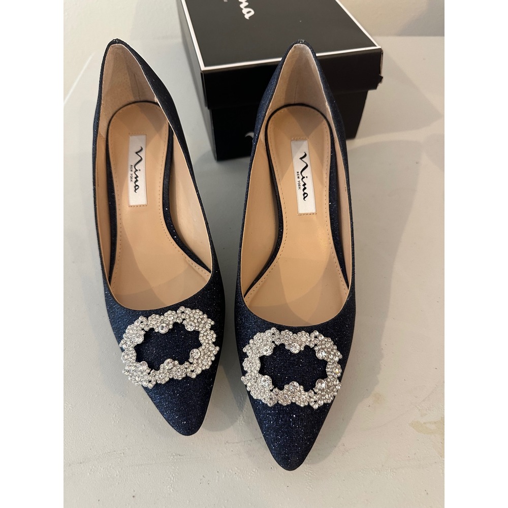 Nina Neya Navy TEXTURED METALLIC MID-HEEL PUMPS WITH JEWELED BUCKLE 8W